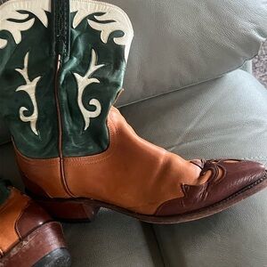 Womens boot , Tricolor Leather Western Boots - Green/Tan/Brown